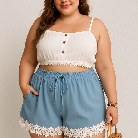 Lace Trim Drawstring Shorts – Size 4XL – Blue Boho Summer Lounge (Shein Curve) - Picture 1 of 2